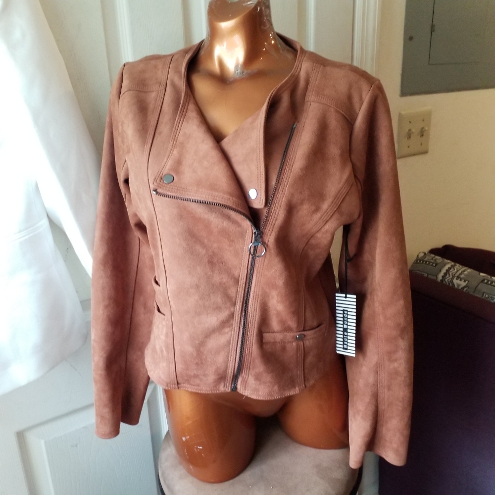 Haute Monde cognac faux suede moto blazer jacket L HWT